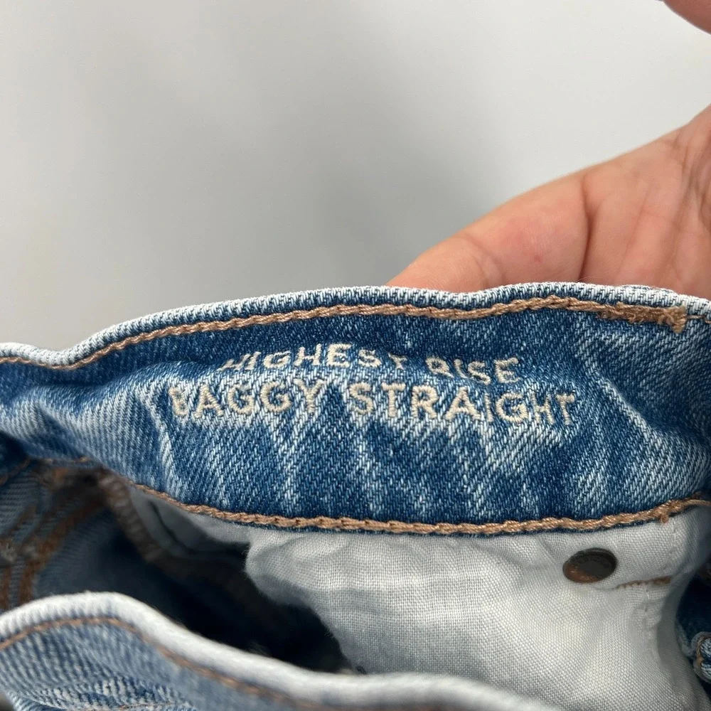 American‎ Eagle AEO highest rise baggy straight leg distressed jeans boho 16